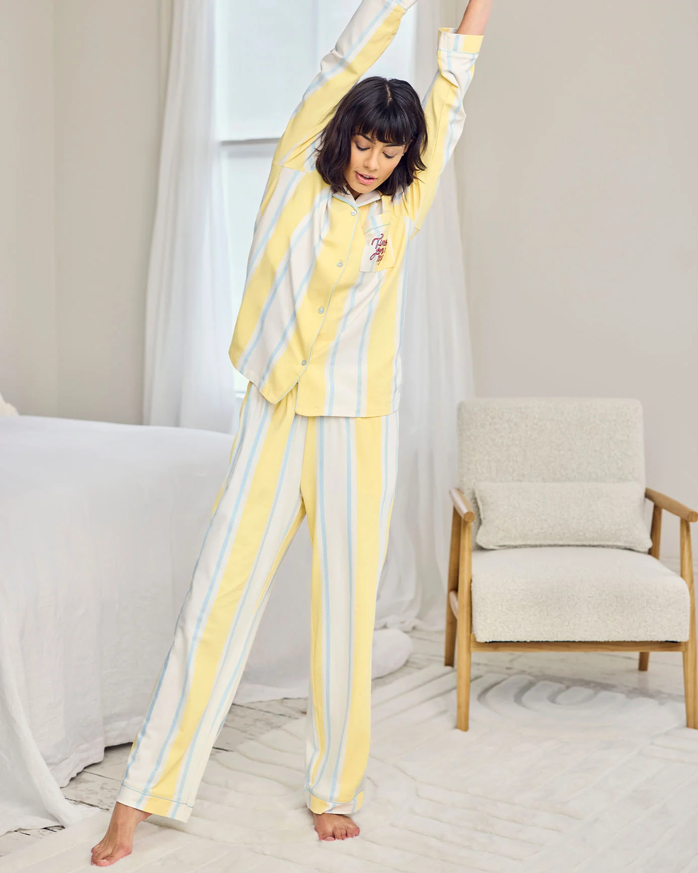 Organic Cotton Embroidered Time for a Nap Long Pyjama Set - Yellow | Chelsea Peers NYC
