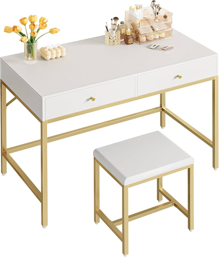 SUPERJARE 35.4" White and Gold Desk with 2 Drawers, Modern Makeup Vanity Desk with Padded Stool, ... | Amazon (US)