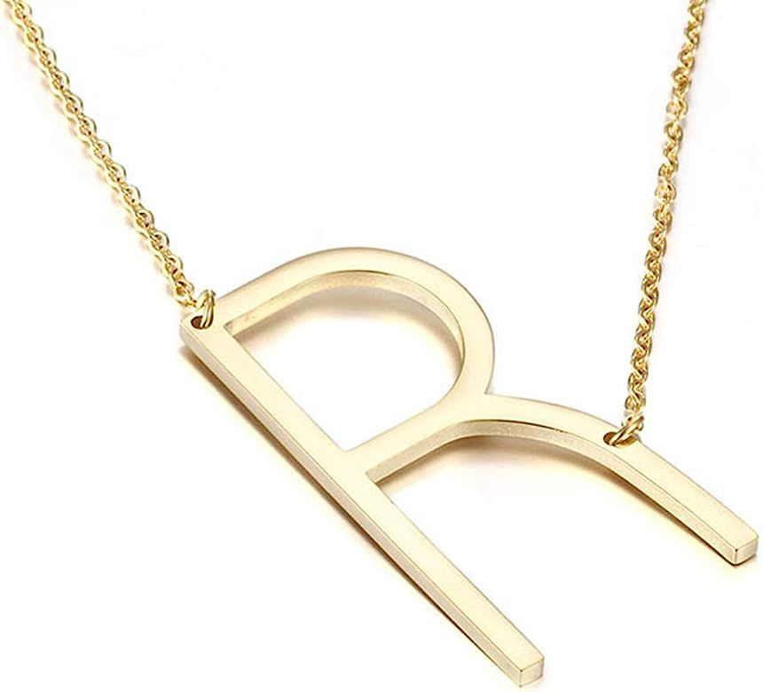 MOMOL Sideways Initial Necklace 18K Gold Plated Stainless Steel Large Big Letters Pendant Necklace S | Amazon (US)