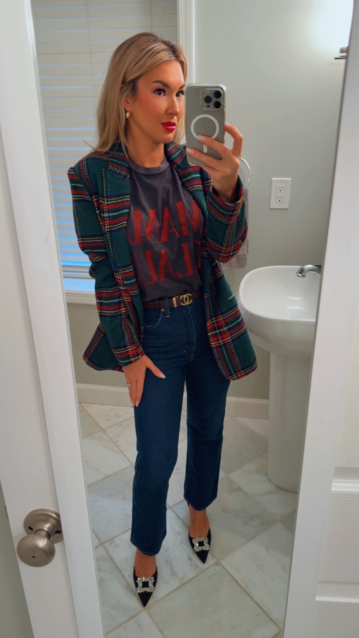 Another casual holiday look that can be dressed up with some statement, kitten heels, and a holiday blazer. I love this plaid blazer wearing size small in this blazer, a small in the T-shirt and a size 6 in the black rhinestone kitten heels.

#TartanPlaid  #TartanPlaidBlazer #TartanPlaidLooks #HolidayLooks #CasualHolidayLooks #StatementHeels #StatementKittenHeels #HolidayKittenHeels 

#LTKHoliday #LTKOver40 #LTKFindsUnder50