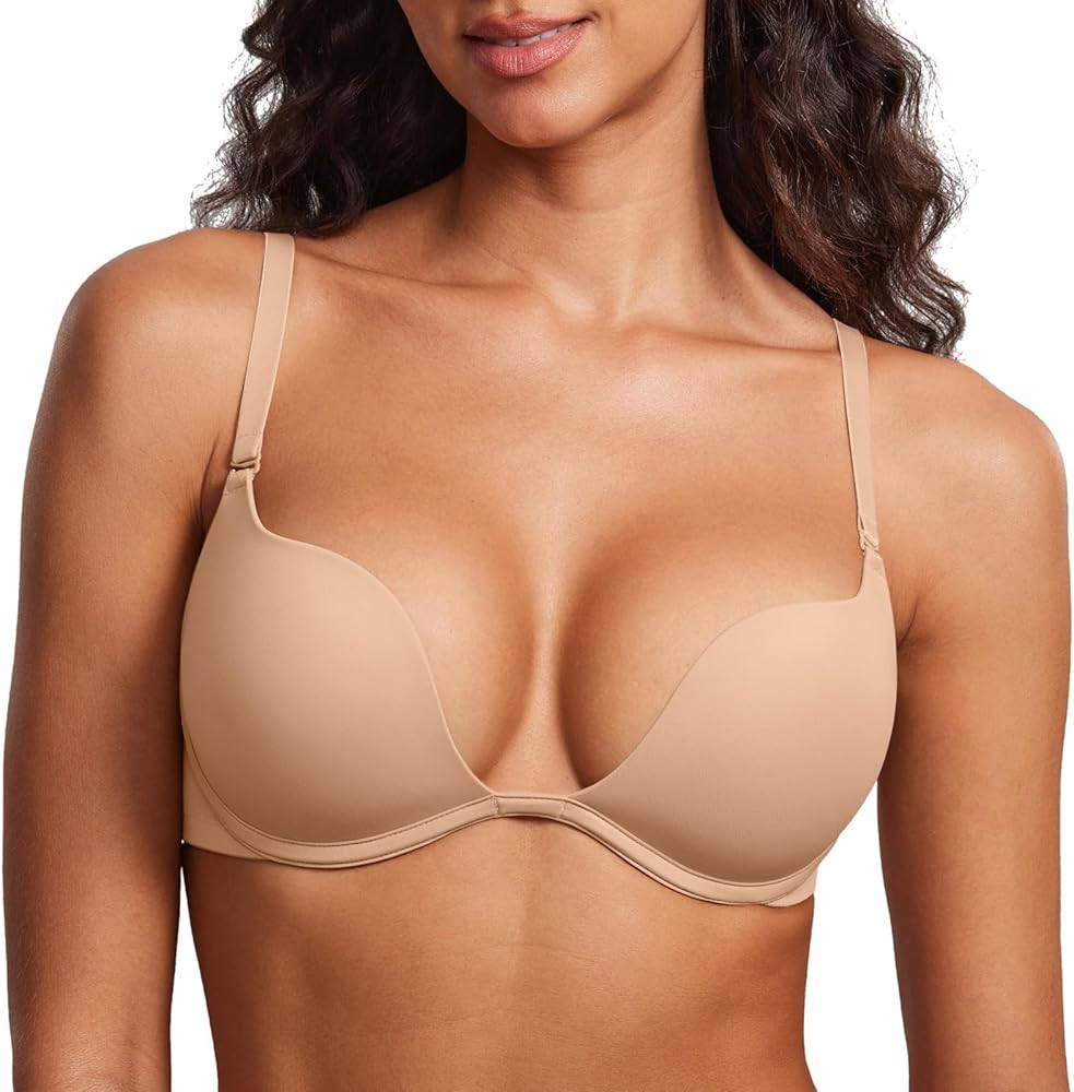 DOBREVA Women's Plunge Bra Deep V Sexy Underwire Low Cut Bras T Shirt Cleavage Lightly Padded | Amazon (US)