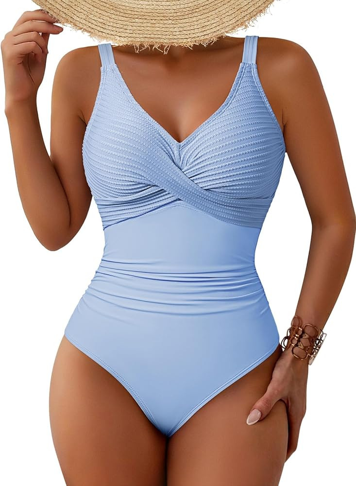 Pink Queen Women One Piece Swimsuit 2026 Patchwork Twist Front V Neck Ruched Tummy Control Swimwe... | Amazon (US)