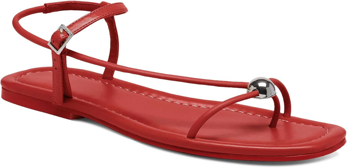 Black Flat Sandals for Women with Buckle Strappy Comfortable Silver Ball Square Open Toe Beach Th... | Amazon (US)