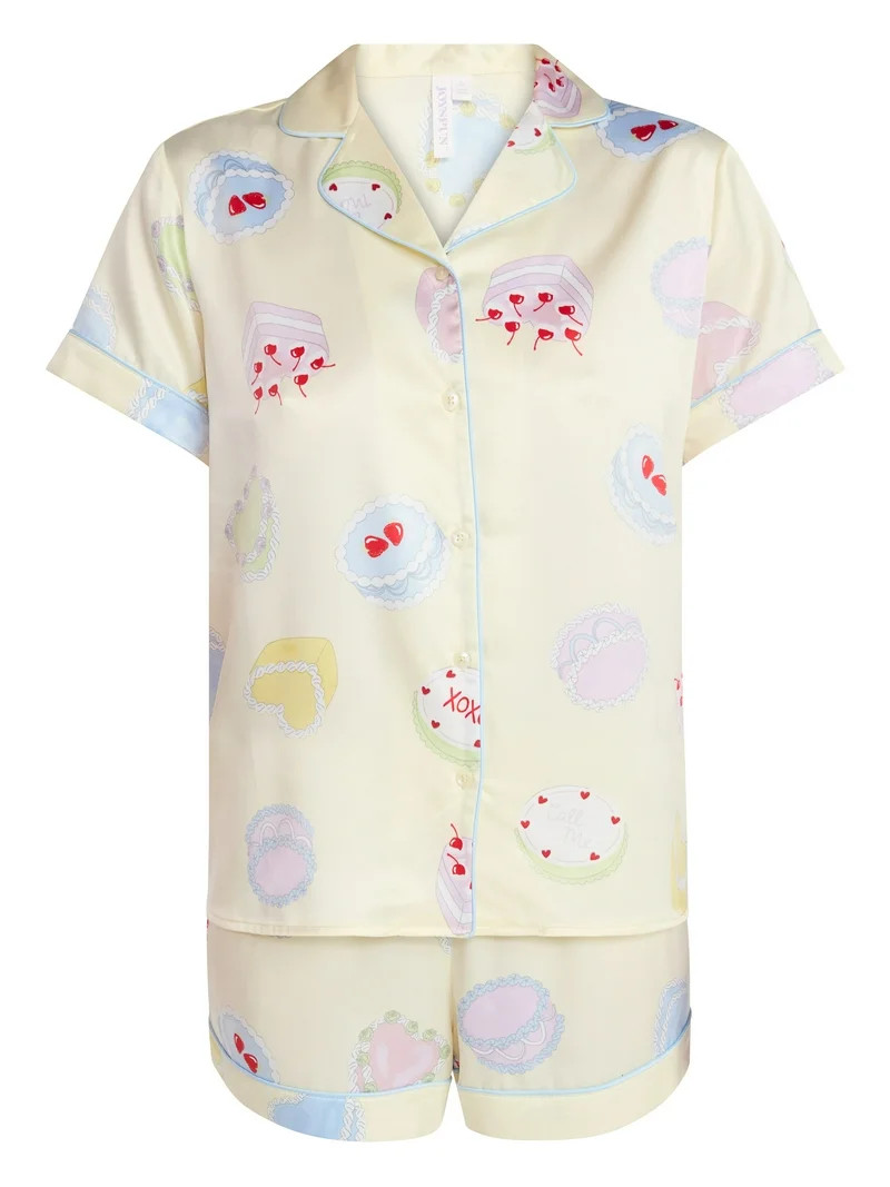 Joyspun Women’s Stretch Satin Short Sleeve Top and Shorts Pajama Set, Sizes XS-3X | Walmart (US)