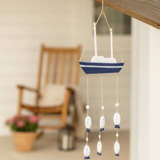 Blue 39.5 in. Wood Novelty Sailboat with Hanging Fish Wind Chime | The Home Depot