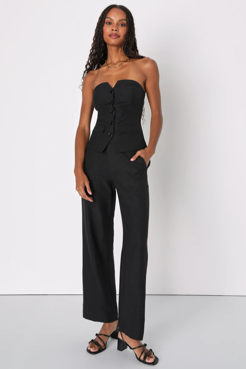 Outstanding Poise Black Linen Strapless Button-Up Vest Top | Lulus