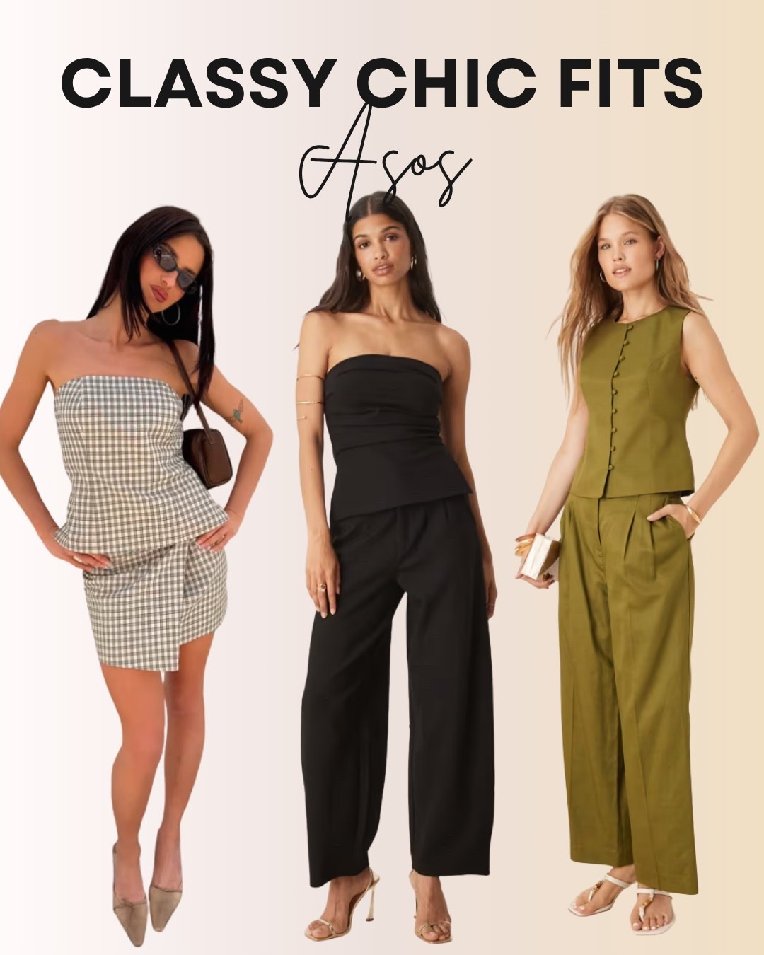 These ASOS classy chic fits are perfect for elevated, polished style. The gingham strapless mini dress is playful yet sophisticated, the all-black strapless top and wide-leg trousers create a sleek minimalist look, and the olive green tailored set adds a modern twist to timeless tailoring. Ideal for dinners, events, or any occasion that calls for chic confidence.

#LTKTravel #LTKSeasonal