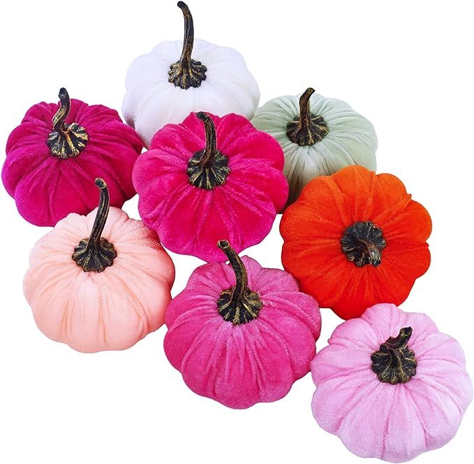 8 Set Faux Assorted Decorative Orange Teal Pink White Pumpkins Foam Pumpkins Velvet Pumpkins Fabr... | Amazon (US)