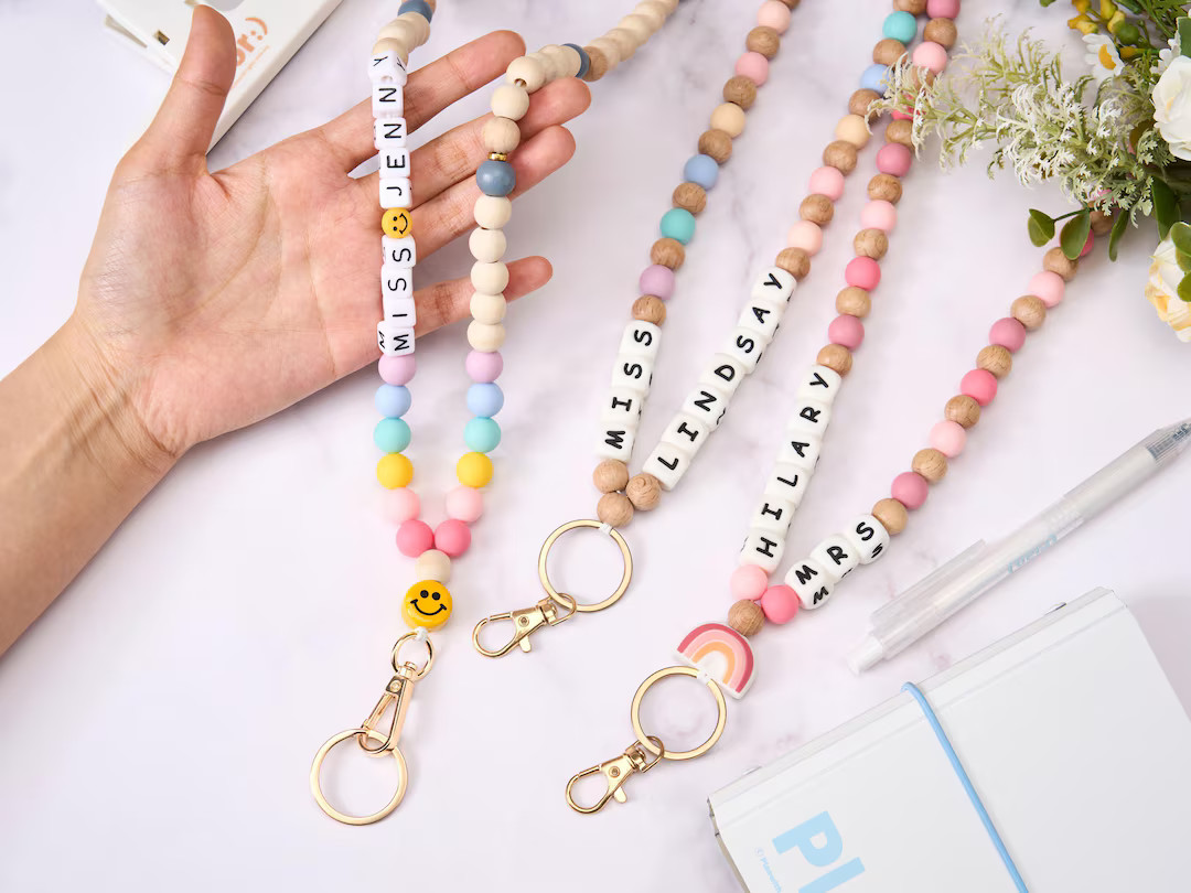 Boho Teacher Lanyard, Personalized Wood Beaded Lanyard for Teachers, Custom Name Grade Title, Tea... | Etsy (US)