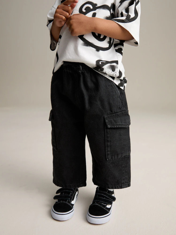 Black Denim Wide Leg Pull On Cargo 100% Cotton Jeans (3mths-7yrs) | Next US