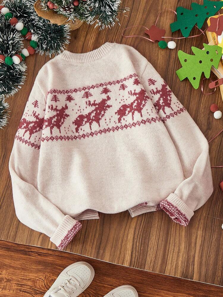 Women's Minimalist Chic Sweet Red Tree & Deer Print Crew Neck Long Sleeve Sweater Christmas | SHEIN