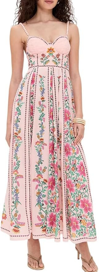 Women's Boho Print Dress Sleeveless Backless Halter High Waist A Line Beach Vacation Long Dress | Amazon (US)