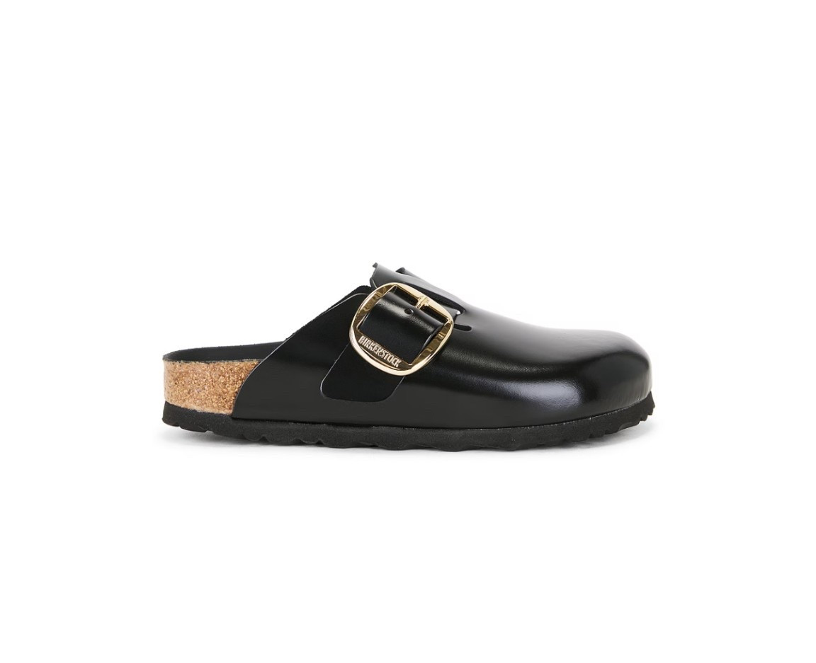 The perfect black shiny with gold bug buckle mule clog 