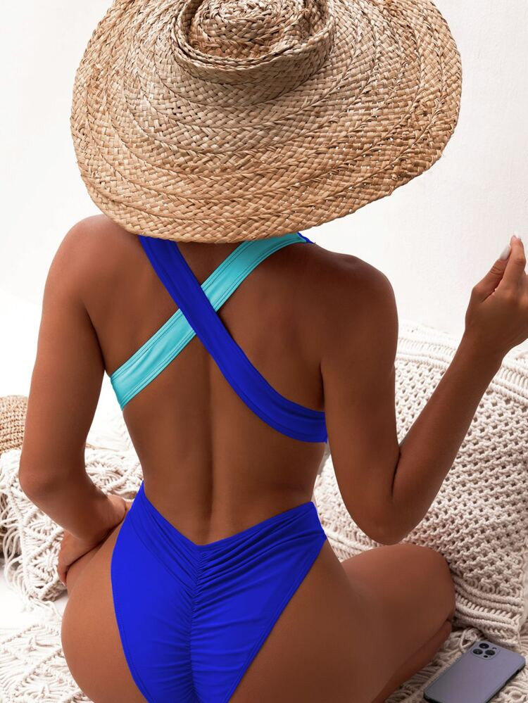 Color Block Criss Cross Ruched One Piece Swimsuit | SHEIN