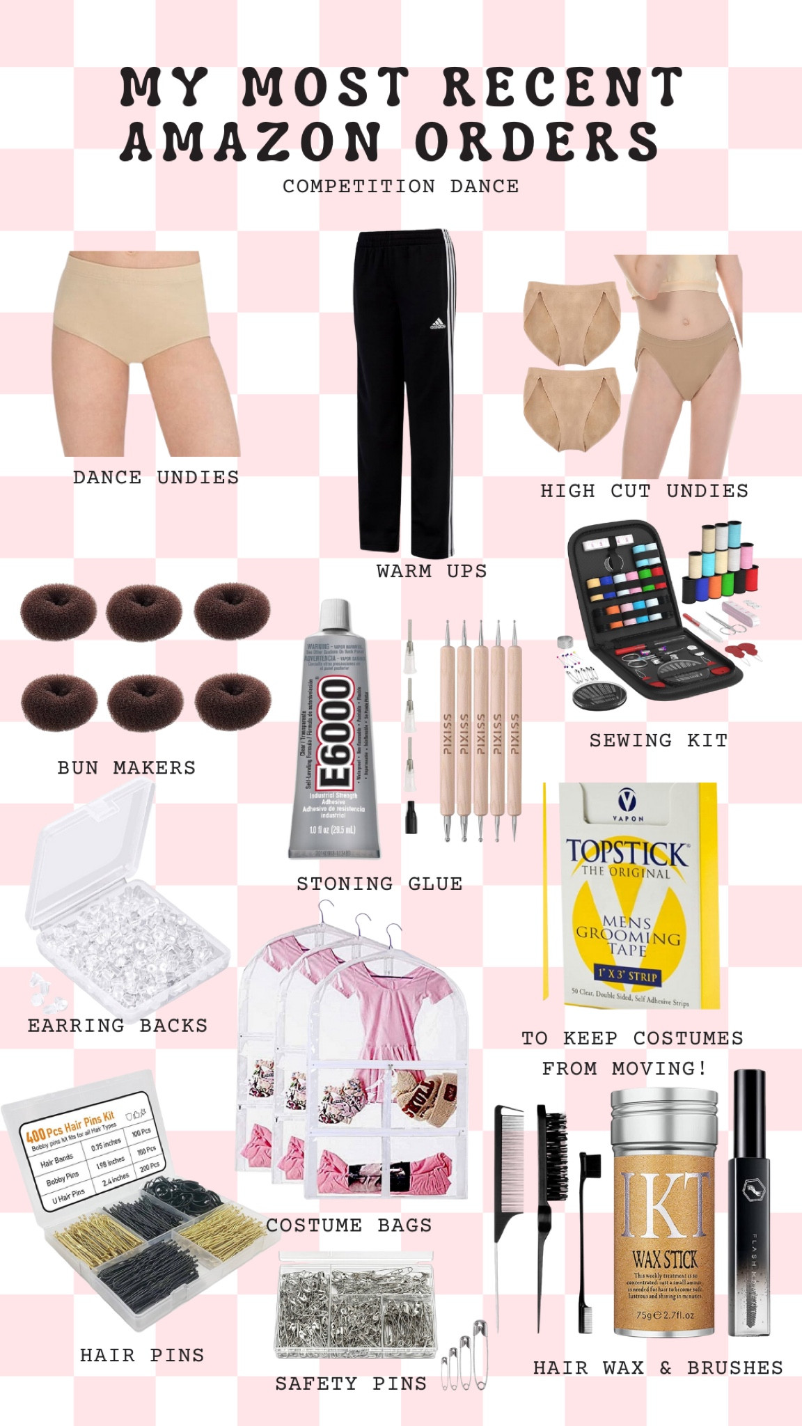 This doesn’t really even scratch the surface but here are some of our competition dance bag must haves! 
✨ dance undies - these fit really well and hide under costumes 
✨ warm ups 
✨ high cut undies for high cut bottoms 
✨ bun makers for little ones! 
✨E-6000 for stoning and repairs! 
✨ sewing kit just in case! 
✨ earring backs just in case! 
✨ these costume bags are great because they have pockets for accessories! 
✨ toupe tape for keeping those costumes from moving 
✨ hair pins - duh 
✨ safety pins 
✨ hair wax and slick back brushes! 

#LTKkids #LTKfamily #LTKtravel