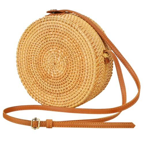 Boho Rattan Crossbody Bag, Handwoven Round Rattan Bag Purse for Women, Tote Basket Circle Boho Ba... | Amazon (US)