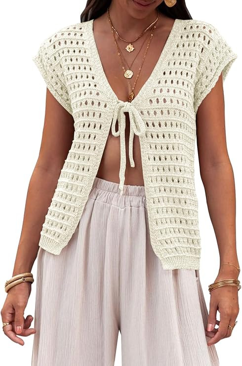 Saodimallsu Womens Tie Crochet Shrug Short Sleeve Open Front Lightweight Knit Cropped Cardigan Sw... | Amazon (US)