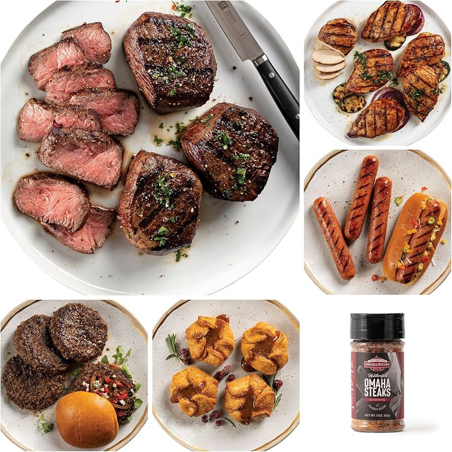 Amazon.com : Omaha Steaks Freezer Filler, Gift-Ready or Stock Up, 25 items, 20 entrees - 4 Butcher's Cut Top Sirloins, 4 Air-Chilled Boneless Chicken Breasts, 8 Omaha Steaks Burgers, 4 Gourmet Jumbo Franks, 4 Caramel Apple Tartlets, 1 jar Omaha Steaks Seasoning : Grocery & Gourmet Food | Amazon (US)
