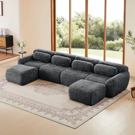 Aukfa 149" Faux Fur Modular Sectional Sofa, 6-Piece 4-Seater Deep Seat U-Shaped Couch with 2 Ottomans, Gray | Walmart (US)