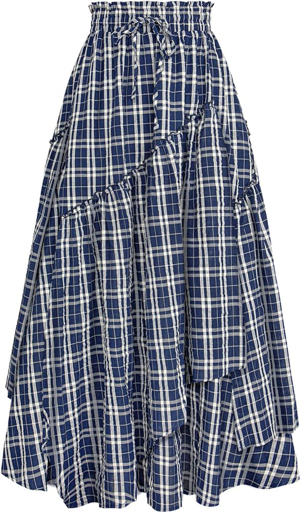 Scarlet Darkness Women Plaid Skirt High Waist A Line Tiered Long Skirt with Pockets | Amazon (US)