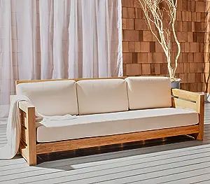 Safavieh CPT1008A Couture Guadeloupe Brazilian Teak Outdoor 3-Seat Patio Sofa, Natural/White | Amazon (US)