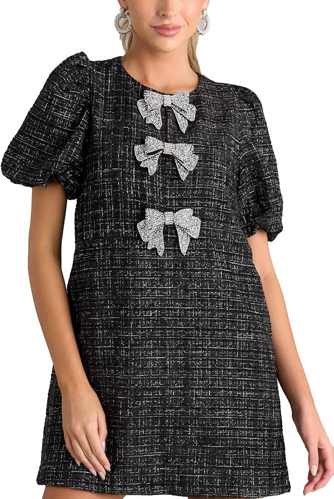 Tweed Dress Woman with Blows Puff Short Sleeve Black Jackie O Dresses Casual Crew Neck Mini Dress | Amazon (US)