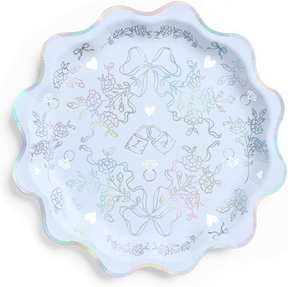 xo, Fetti Something Blue Wavy Plates, Blue + Iridescent Foil - 25 pcs | Bachelorette Decorations,... | Amazon (US)