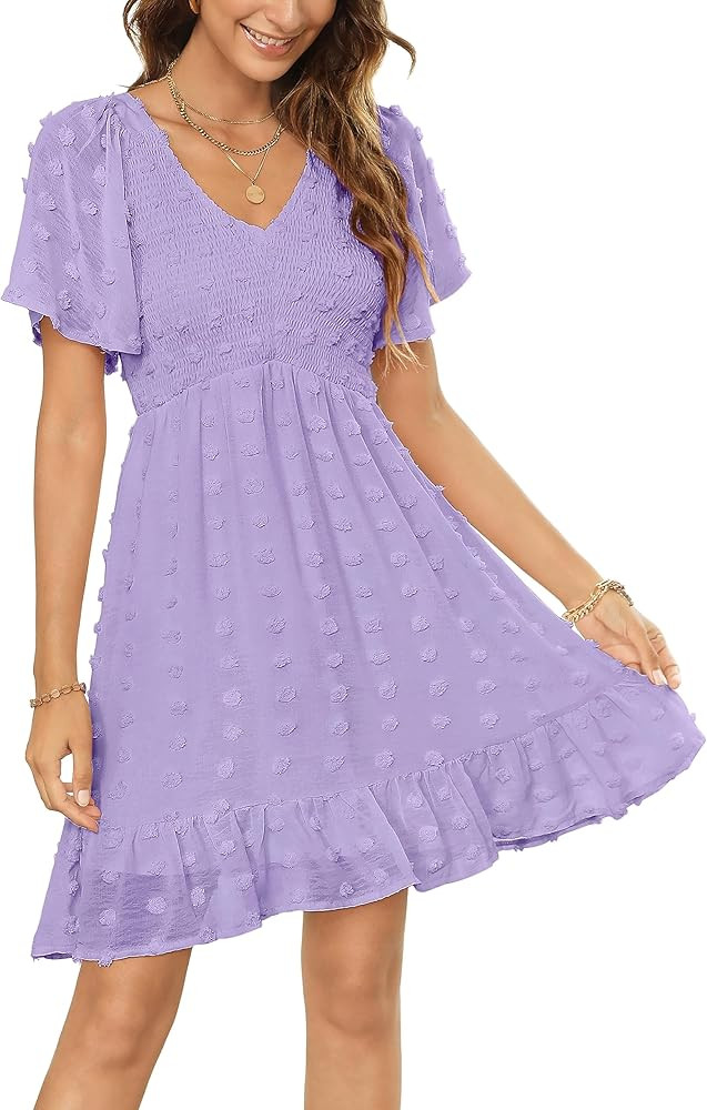 Zattcas Womens 2024 Summer Smocked Dress Short Flutter Sleeve V Neck Swiss Dot Babydoll Ruffle Ti... | Amazon (US)