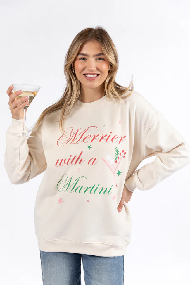 Merrier With A Martini Cream Oversized Graphic Sweatshirt DOORBUSTER | Pink Lily