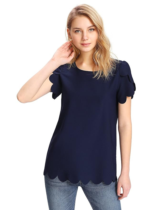 Floerns Women's Solid Scallop Hem Round Neck Short Sleeve Blouse Tops | Amazon (US)