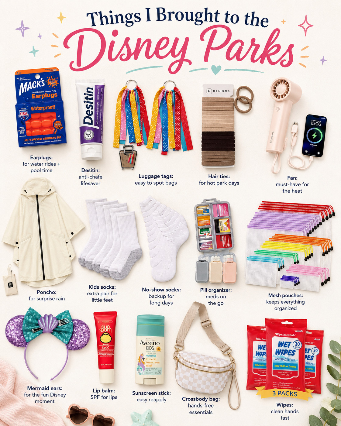 Disney park bag essentials that actually came in handy ✨🏰

These are the little things I was so glad we brought- extra socks, wipes, sunscreen, SPF lip balm, a portable fan, poncho, mesh pouches, anti-chafe cream, hair ties, earplugs for water rides/pool time, and a hands-free crossbody bag.

Basically: pack for heat, rain, walking, sticky hands, and staying organized. 🙌

Linking everything in my LTK!

#LTKTravel #LTKFamily #LTKFindsUnder50 #LTKKids #DisneyTrip #DisneyPackingList #ParkBagEssentials #FamilyTravel #ThemeParkEssentials #AmazonFinds 

 #LTKmomlife #LTKTravel