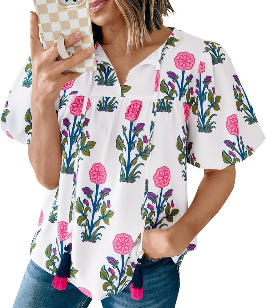Cicy Bell Womens Boho Floral Blouses Short Puff Sleeve V Neck Babydoll Shirts Flowy Tie Front Top... | Amazon (US)