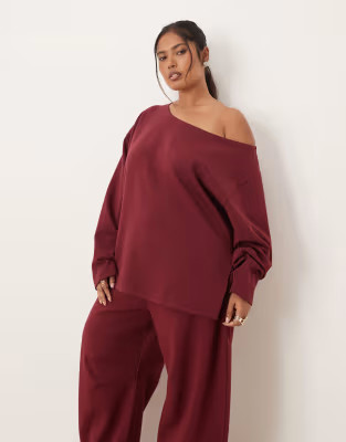 ASOS DESIGN Curve oversized off the shoulder interlock sweatshirt in burgundy | ASOS (Global)