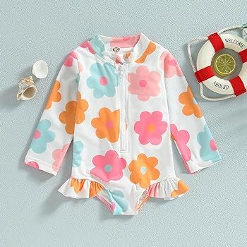 Toddler Baby Girl One Piece Swimsuit Floral Print Zipper Long Sleeve Swimwear Girls Bathing Suit | Amazon (US)