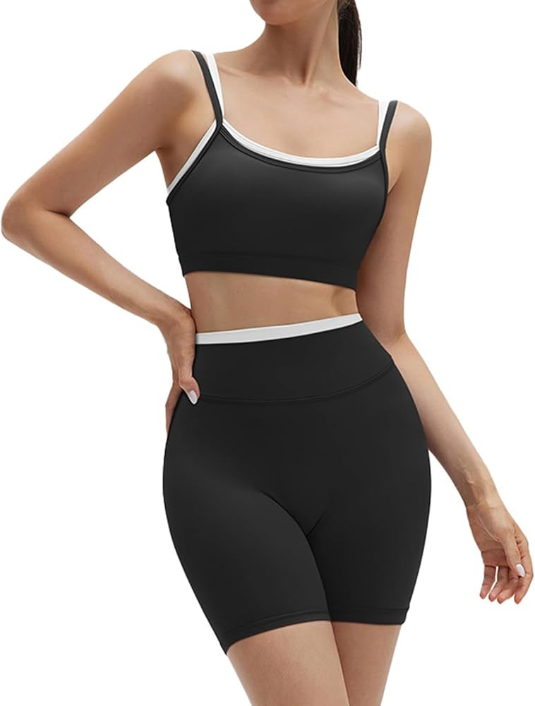 SUUKSESS Women 2 Pieces Workout Sets Padded Spaghetti Straps Camis High Waist Biker Shorts | Amazon (US)