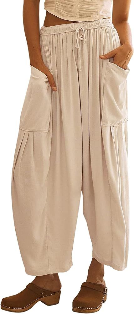 Ebifin Women's Summer Wide Leg Pants Casual Loose Palazzo Lounge Long Pant Trousers with Pockets | Amazon (US)