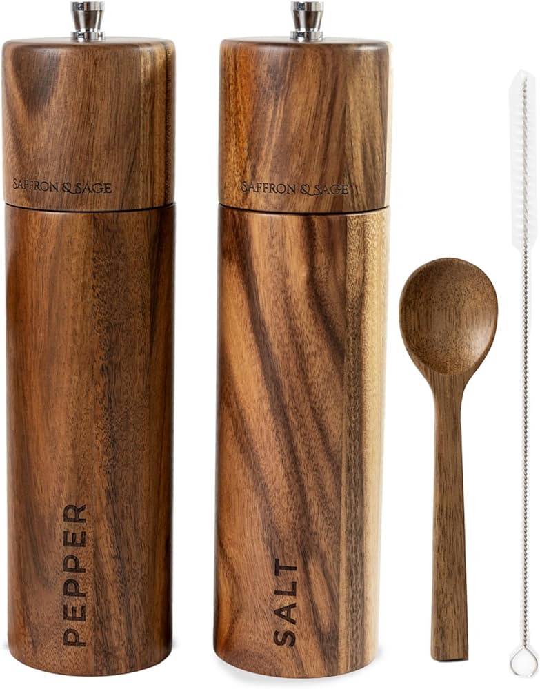 Saffron & Sage Premium Acacia Wood Salt and Pepper Grinder Set of 2-8” Tall Salt and Peppercorn... | Amazon (US)
