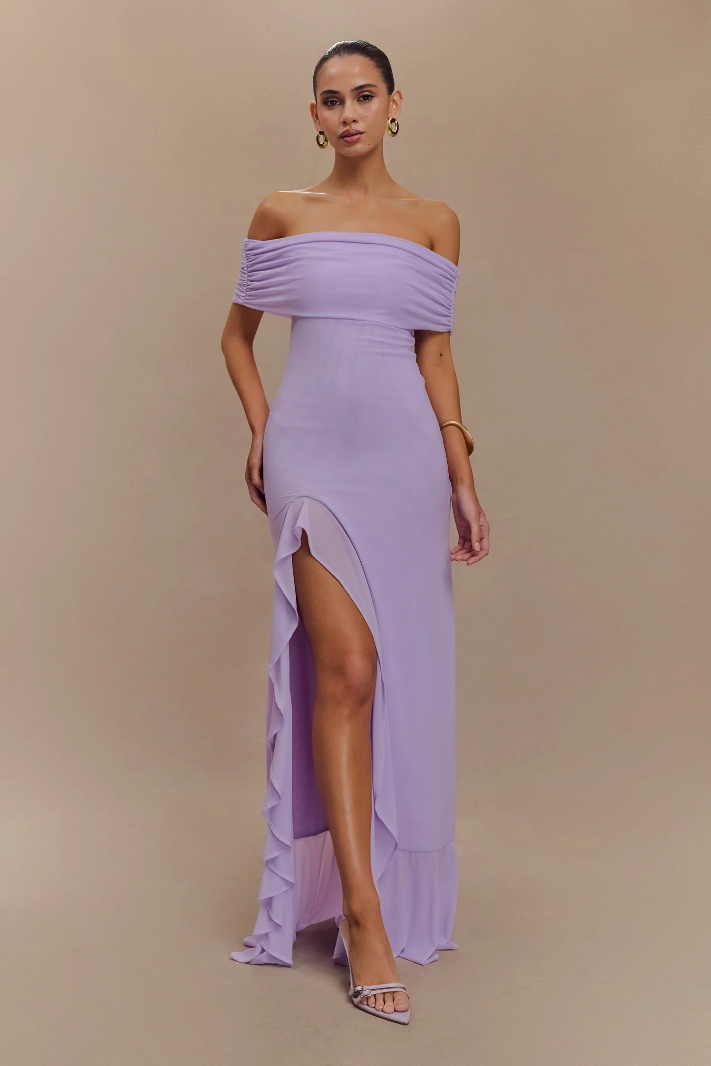 Audrey Off Shoulder Mesh Maxi Dress - Lilac | Meshki UK