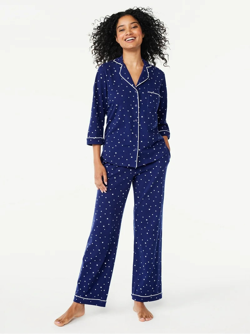 Joyspun Women’s Cotton Blend Notch Collar Top and Pants Pajama Set, 2-Piece, Sizes S-4X | Walmart (US)