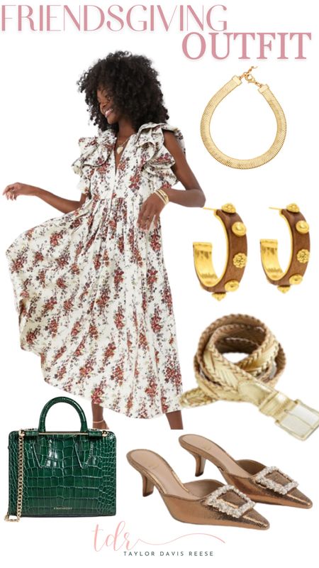 Thanksgiving & Friendsgiving Outfit 
•
Im
Obsessed with the prairie floral & ruffle details on this dress. Pop on some metallic accents and some simple jewelry to polish it off. 

PS- this herringbone bracelet is a staple of mine that I wear daily. It would make a fab gift!! 

#LTKGiftGuide #LTKSeasonal #LTKHoliday