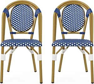 Christopher Knight Home Gwendolyn Outdoor French Bistro Chairs (Set of 2), Blue + White + Bamboo ... | Amazon (US)