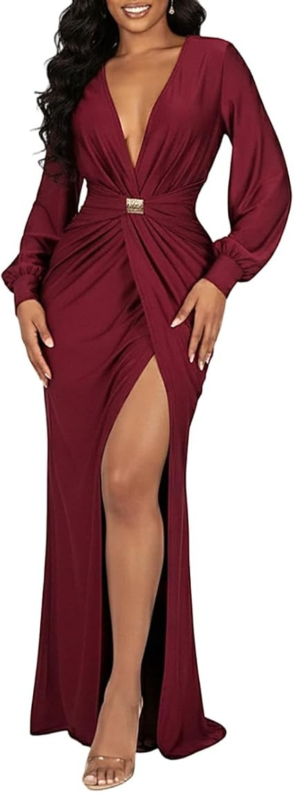 HWP Women Deep V Neck Dress Sexy Long Sleeve Maxi Dress Elegant High Split Formal Cocktail Party ... | Amazon (US)