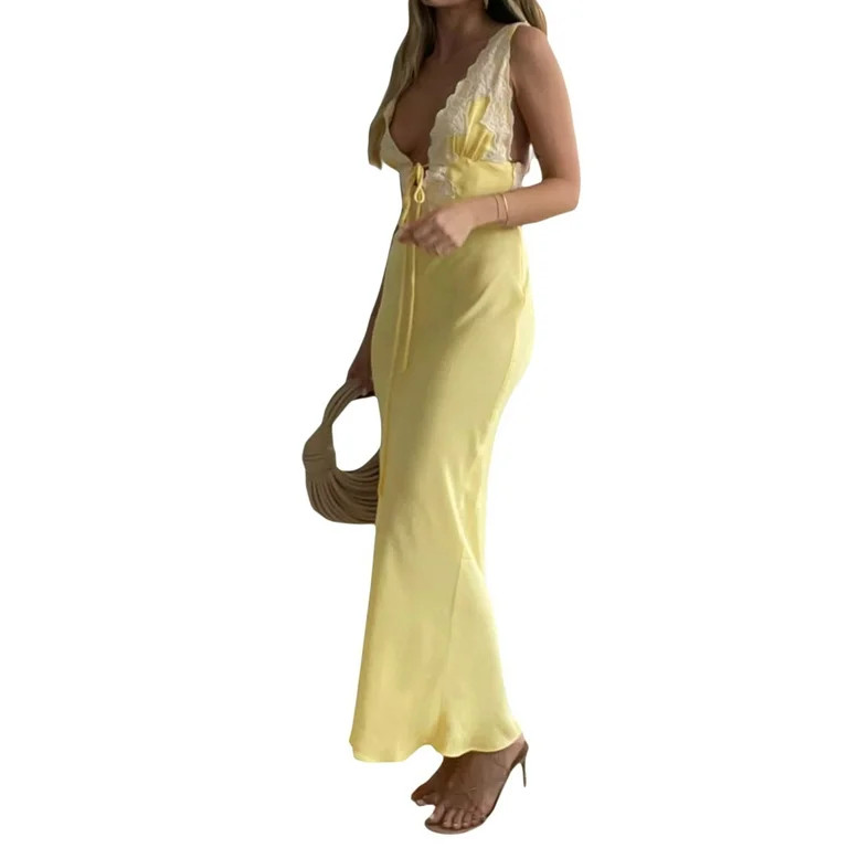 Pudcoco Women Floral Boho Sundress Summer Sexy Elegant Long Dress Deep V-Neck Sleeveless Dress Fe... | Walmart (US)