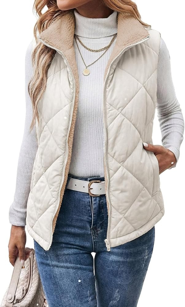 Dokotoo Womens Sherpa Fleece Vest Stand Collar Zip Up Puffer Quilted Jacket | Amazon (US)