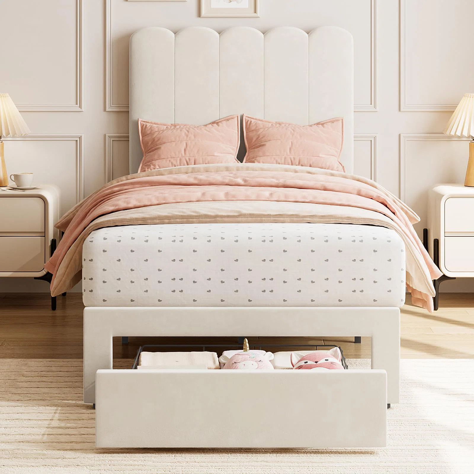 Twin Bed Frame With Under-Bed Drawer, White Velvet Upholstered Platform BedSee More byWinston Por... | Wayfair North America