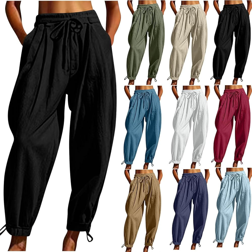 JIEMUXIU Womens Linen Pants 2025 Trendy Baggy Elastic Waisted Pant Casual Loose Palazzo Harem Pan... | Amazon (US)