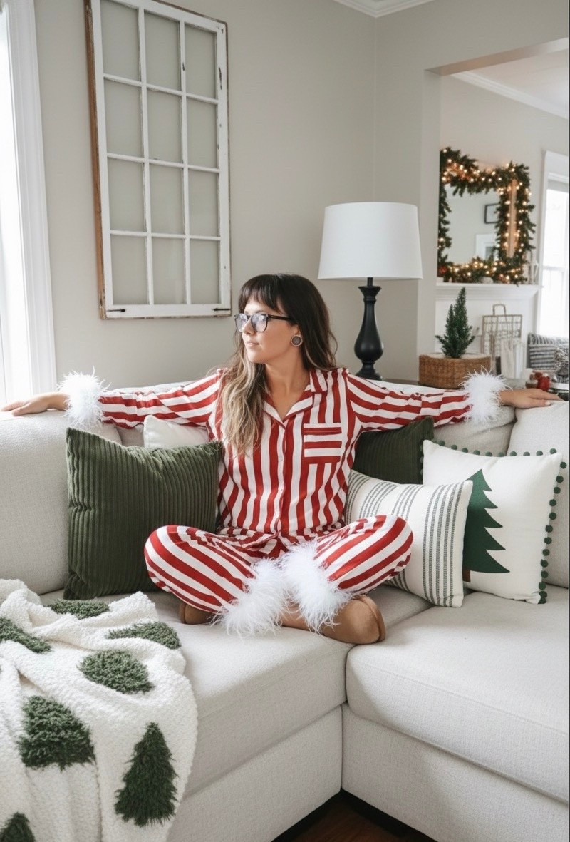 Candy cane stripes and cozy vibes 🤍❤️! Getting into the holiday spirit early with the most adorable feather-trim pajamas. Seriously, these are a Christmas morning must-have. We're talking ultimate comfort meets festive chic. This entire living room look is linked—from the perfect sectional couch and fluffy Christmas pillows to the viral green pom-pom throw. It's time to make your home feel like a winter wonderland! Shop my holiday home decor and outfit now before they sell out!

#LTKHome #LTKHoliday #LTKootd