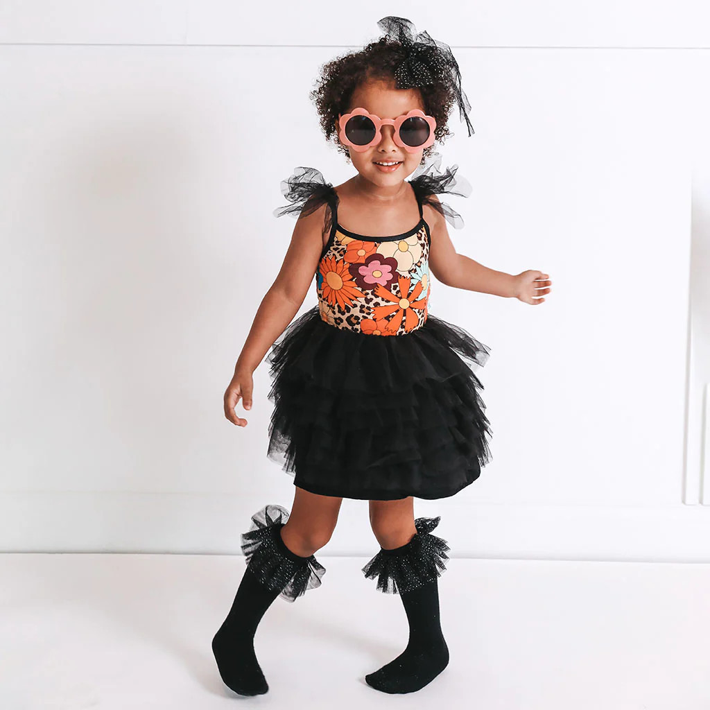 Floral Leopard Brown Ruffled Smocked Girl Tulle Dress | Moonbeam | Posh Peanut