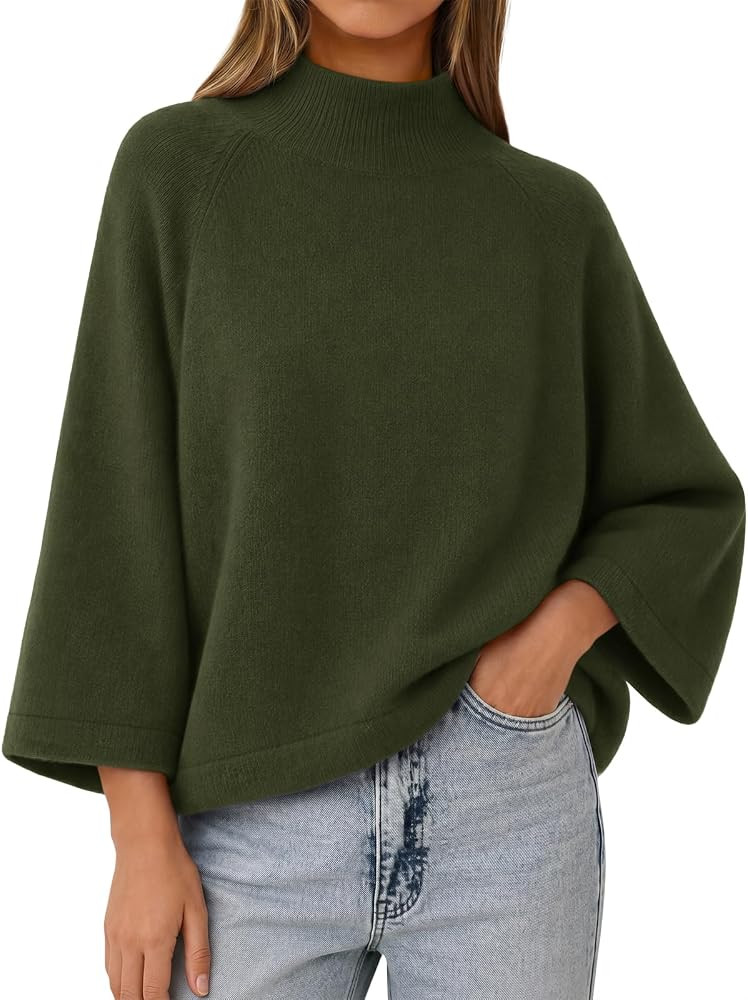 Cicy Bell Womens 3/4 Sleeve Knit Sweater Oversized Mock Neck Pullover Tops | Amazon (US)