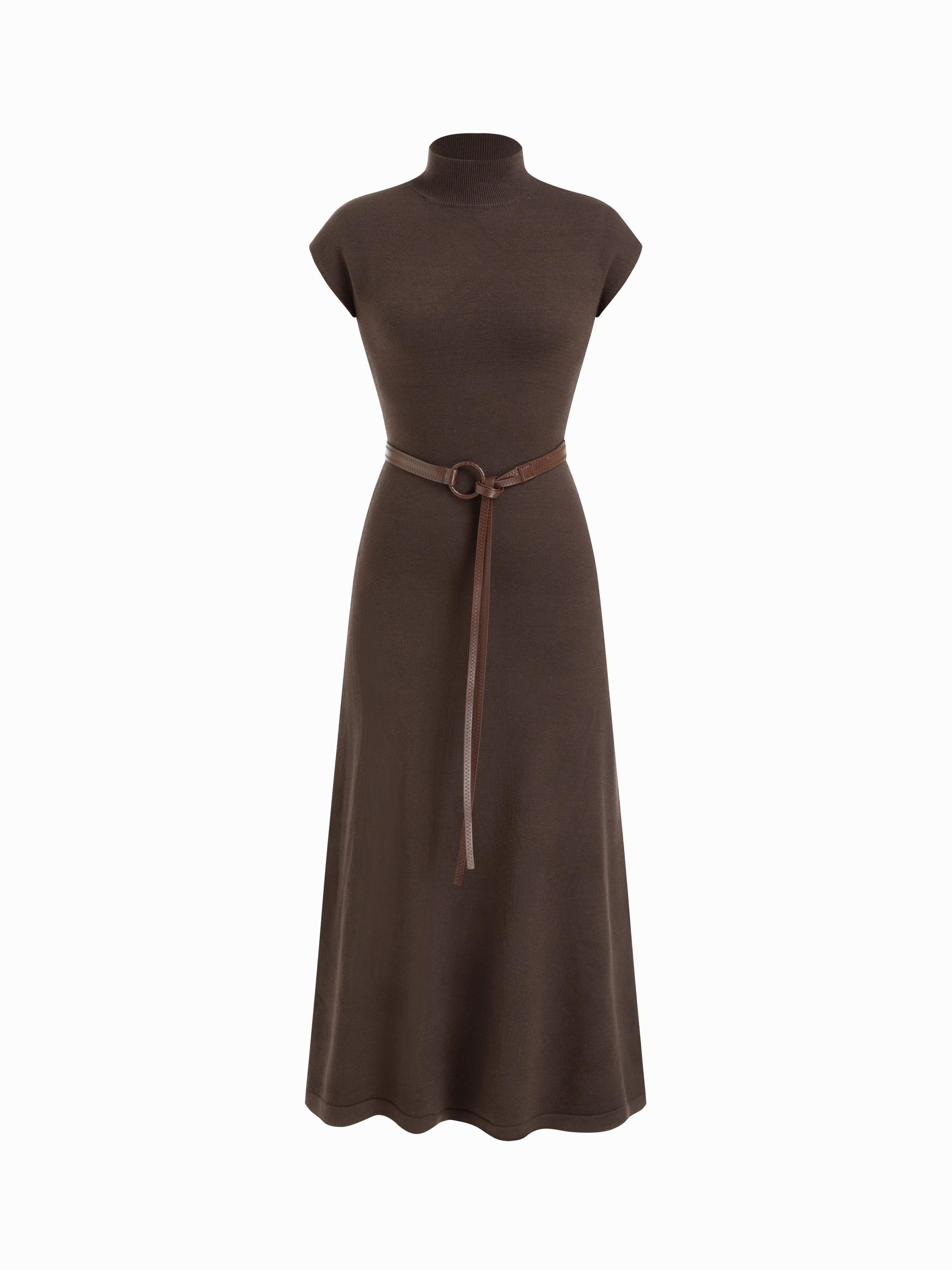 Knit Fabric Knit High Neck Long Sleeve A-line Maxi Dress With Belt For Daily Casual | Cider